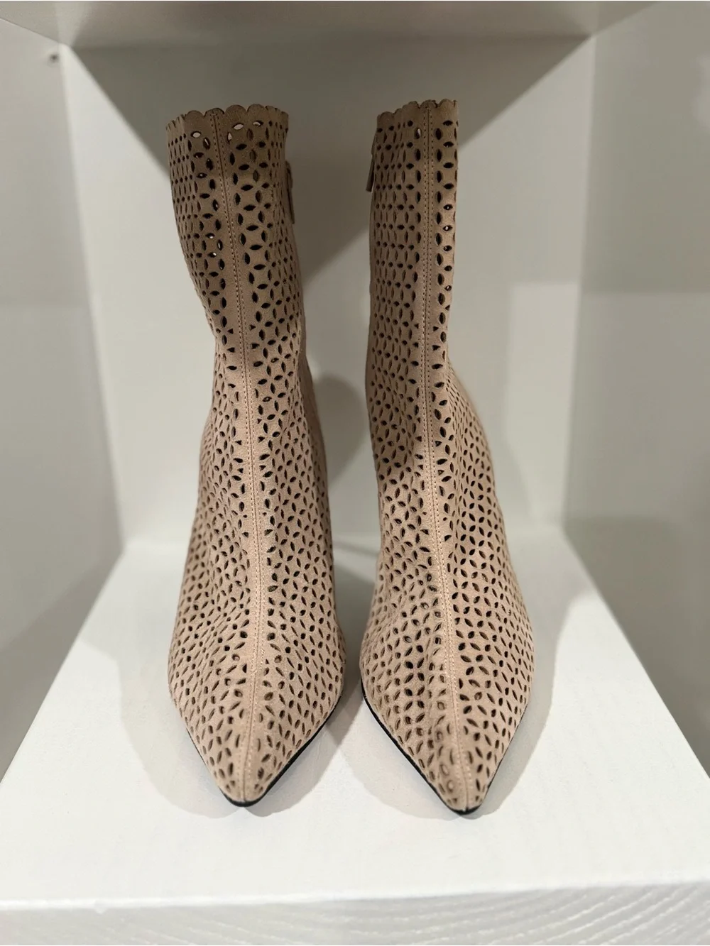 Jeffrey Campbell Blush Scalloped Laser-Cut Pointed Ankle Booties
